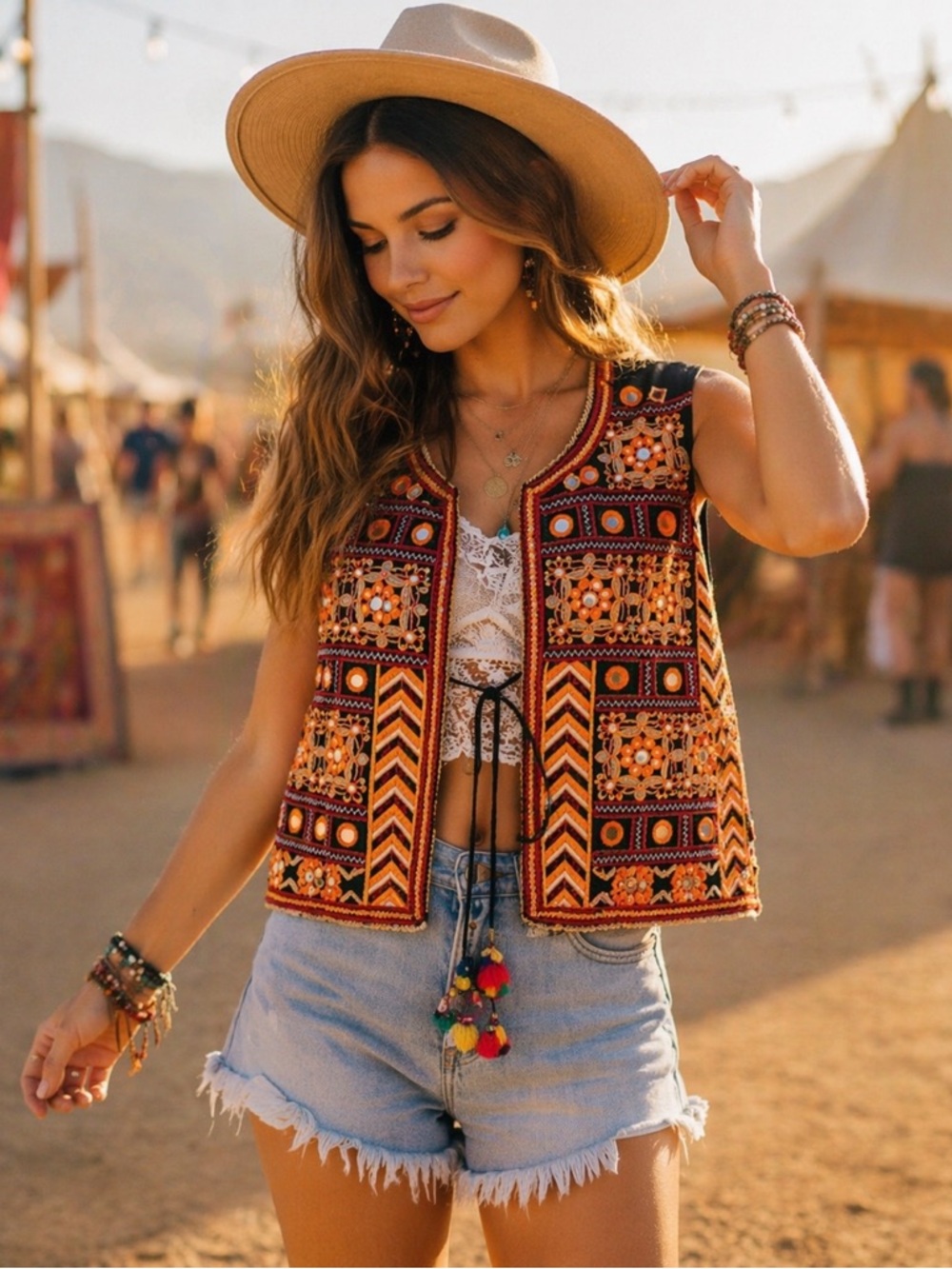Handmade Kutch Embroidered Vest Boho Festival Indie Gypsy Mirror Tassel Medium